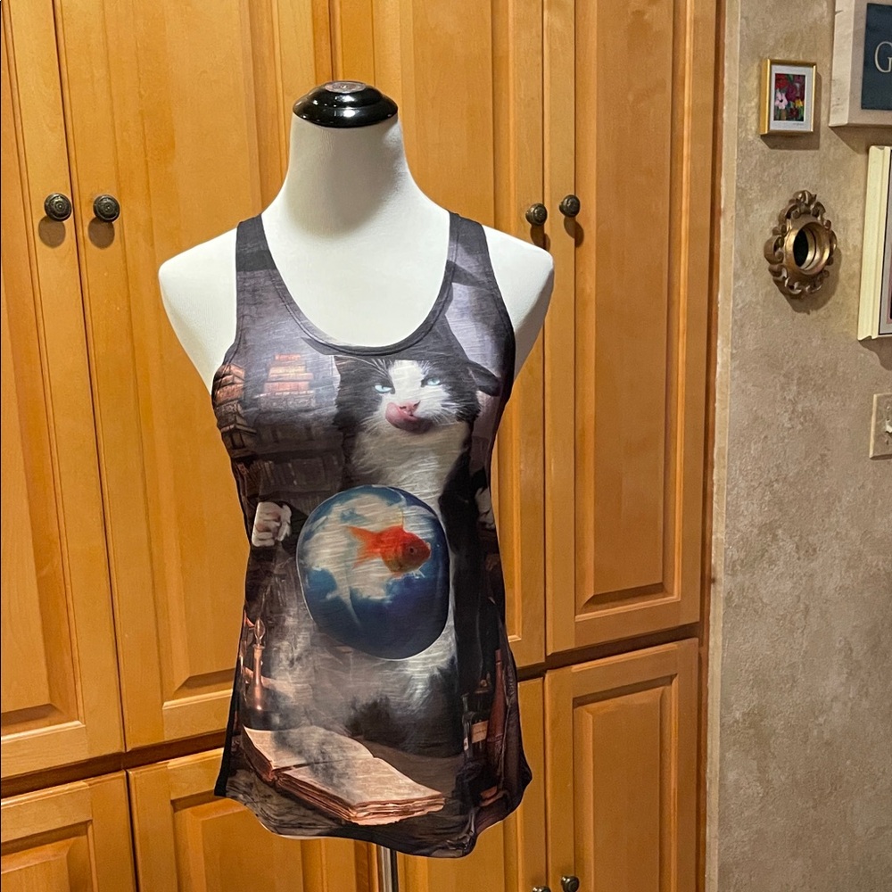 Bear Dance Graphic Tank Top Cat in Witch Hat Sizing up Goldfish Crystal Ball